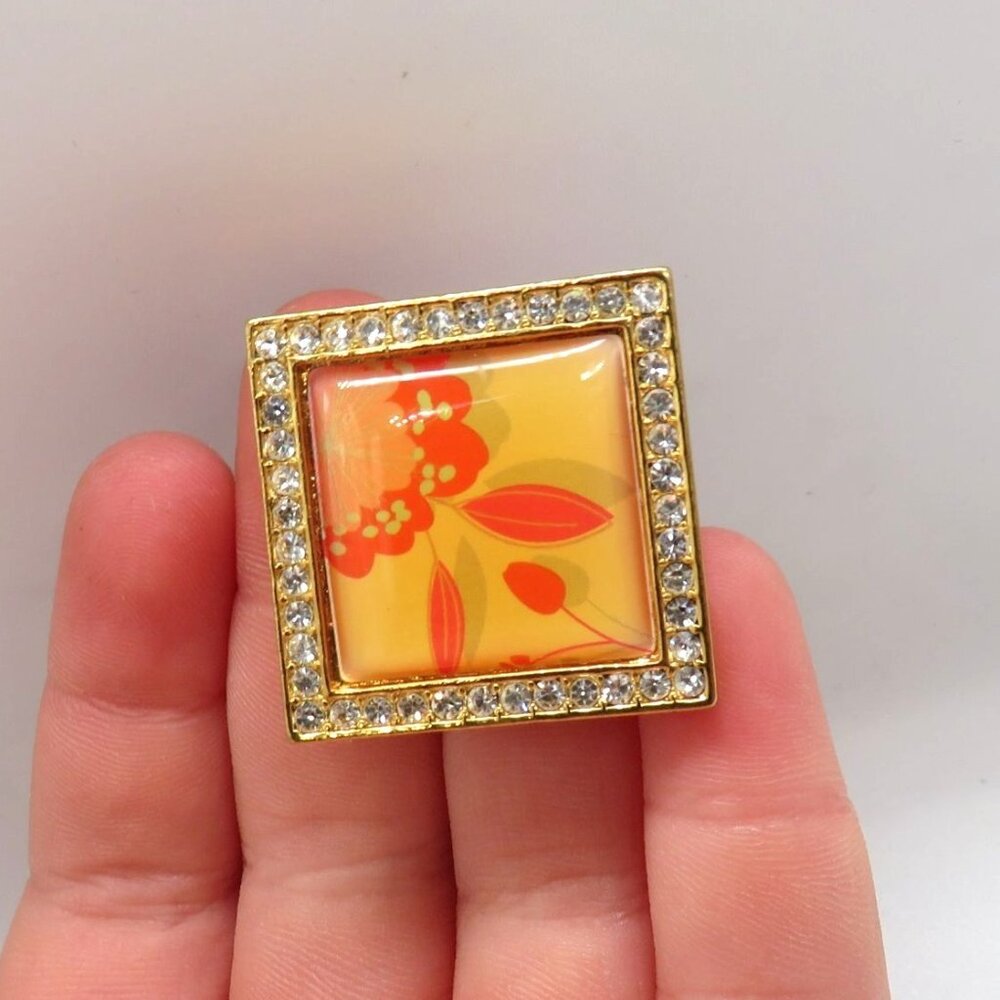 Vintage Avon Brooch Rhinestones‎ Square Gold Tone Frame Orange Floral Design